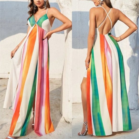 Striped Split Thigh Chiffon Maxi Dress - Picture 10 of 10